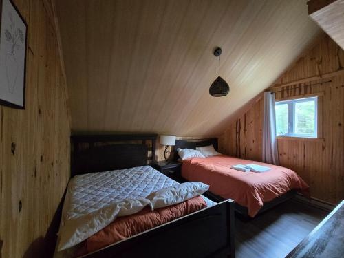 ein Schlafzimmer mit zwei Betten und einem Fenster in der Unterkunft Chalet COEUR de loup avec spa in Saint-Alexis-des-Monts