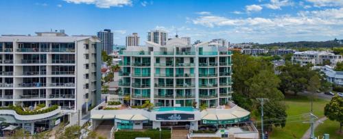 an aerial view of a large building in a city at Alby’s - Cotton Tree in Maroochydore