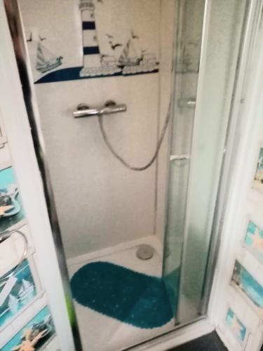 a shower with a glass door in a bathroom at Ref G The Chase Caravan Park 3 bed 8 berth in Ingoldmells