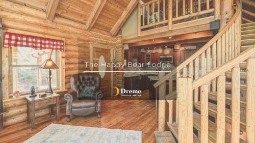 a room with a staircase in a log cabin at The Happy Bear Lodge in Shasta Lake
