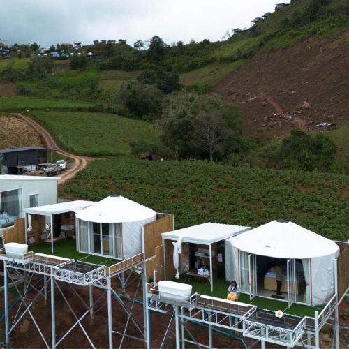 een luchtfoto van een boerderij met witte tenten bij ชาเลต์ ภูทับเบิก in Ban Maeo Thap Boek