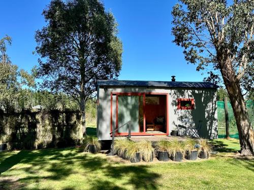 a tiny house in a field with a tree at Waiata Shepherds Hut- Off Grid retreat in Hanmer Springs