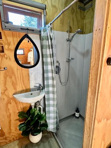a bathroom with a sink and a shower at Waiata Shepherds Hut- Off Grid retreat in Hanmer Springs