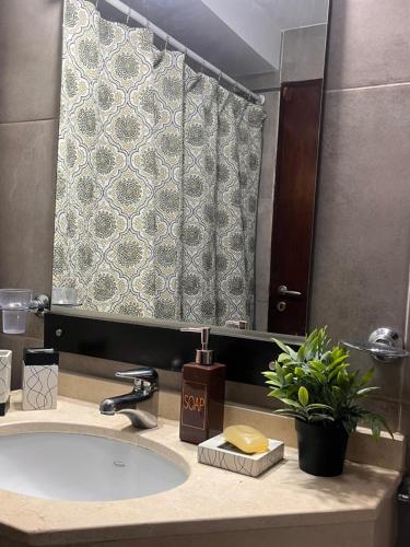 Un baño con lavabo y cortina de ducha. en Genetrix con Increíble pileta, en San Miguel de Tucumán