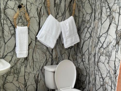 a bathroom with a toilet and a sink and towels at Eco Amigo el Rincón in Cerro Punta