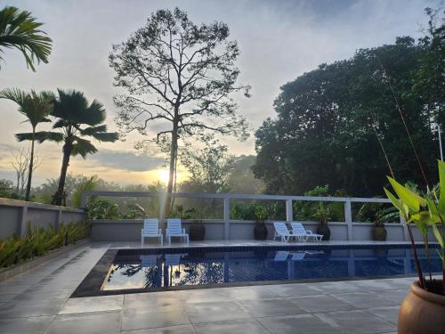 eine Terrasse mit einem Pool, Stühlen und Bäumen in der Unterkunft The Banana Tree House in Ban Ta Kun