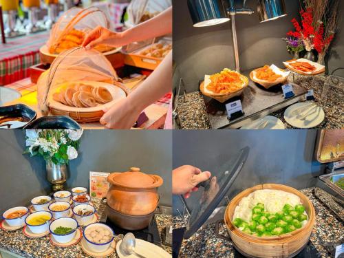un collage de fotos de un buffet con comida en Thai Fight Hotel, en Lamai