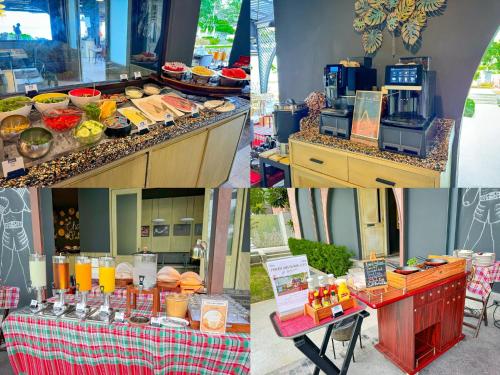 Un collage de fotos de un buffet con comida y bebidas. en Thai Fight Hotel, en Lamai