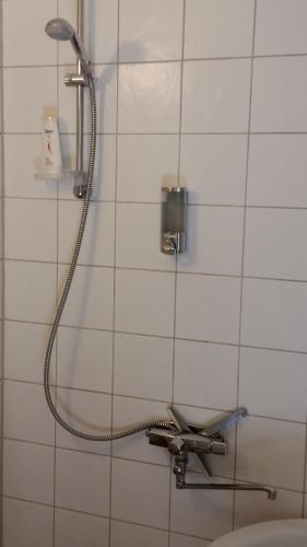 a shower in a bathroom with a shower head at Lilla Hotellet in Lund