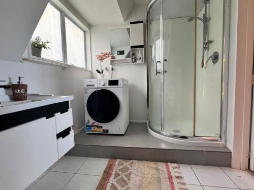 une salle de bain avec douche et machine à laver dans l'établissement Belleview Cottage- Cute cottage with views of sea, city and snowpeeks, à Christchurch