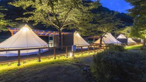 a row of tents with lights in the grass at SPRINGS VILLAGE Ashigara Tanzawa Onsen Resort & Gl - Vacation STAY 41909v in Hata
