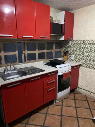 a kitchen with red cabinets and a stove and a sink at Departamento E-5 metro Copilco UNAM Coyoacan in Mexico City