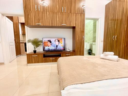 een slaapkamer met een bed en een flatscreen-tv bij Central Address Studio 16 in Boekarest