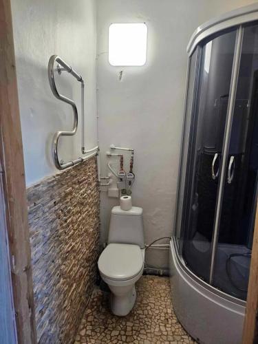 a small bathroom with a toilet and a shower at Kose 2 apartment in Keila-Joa