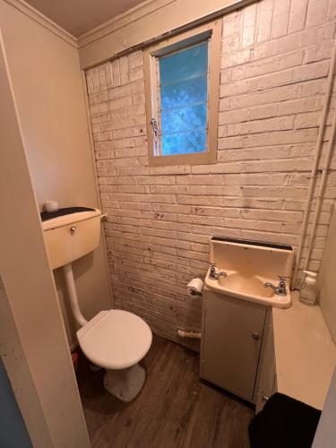 a bathroom with a toilet and a sink and a window at Cosy rural getaway in Otorohanga