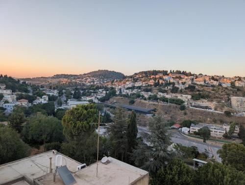 a view of a city with buildings and a street at The Nest in the Tower in Safed