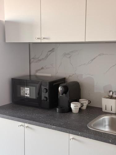 Una encimera de cocina con un microondas y un fregadero. en Rodin Residence-New Apartment with Self Check In, en Colentina