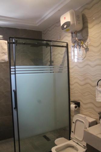 a bathroom with a glass shower with a toilet at Grabbo Luxury Apartments in Gwarinpa