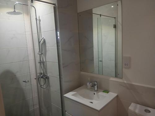 ein Badezimmer mit Dusche, Waschbecken und Spiegel in der Unterkunft Embassy Gardens- Frank Homes in Accra