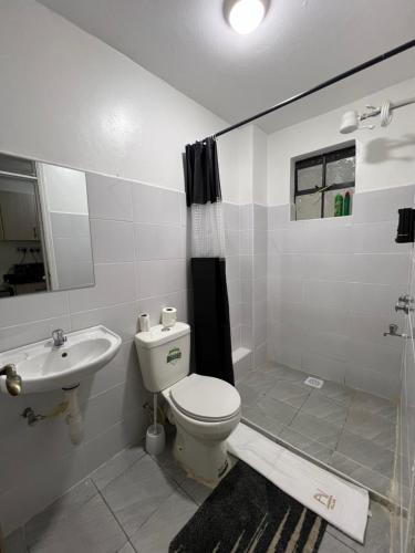une salle de bain avec toilettes, lavabo et douche dans l'établissement Anakwa Villas, à Nairobi