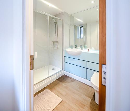 a bathroom with a shower and a sink and a toilet at Central 2BR flat - free parking - fast Wi-Fi in Bristol