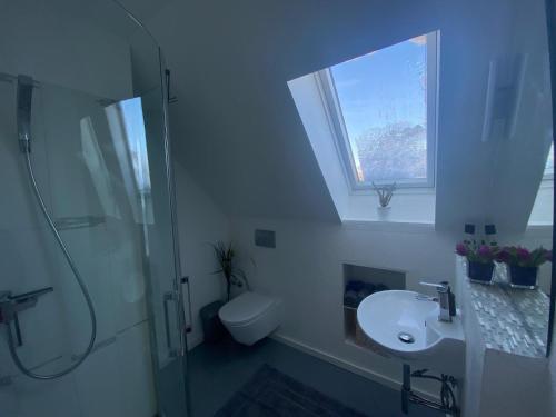 een badkamer met douche, toilet en wastafel bij Haus Speckgürtel Hamburg in Henstedt-Ulzburg