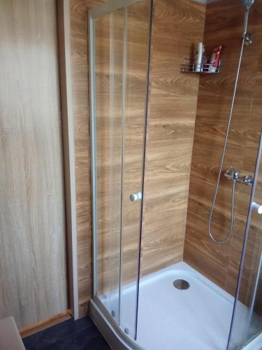 a shower with a glass door in a bathroom at Bungalov Mikulášovice in Mikulášovice