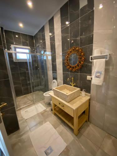 a bathroom with a sink and a shower at Albatlos in Yaka