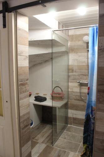 een glazen douche in een badkamer met een plank bij la Demeure Ferralaise in Ferrals-lès-Corbières