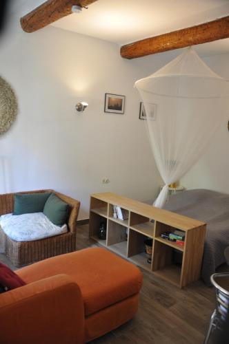 a living room with a bed and a chair at location studio meublé avec jardin in Sorgues