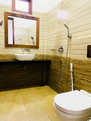 a bathroom with a toilet and a sink and a mirror at Anthony's Villa in Galle
