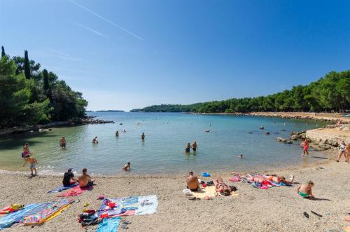 een groep mensen die op het strand in het water zwemmen bij Apartments Biserka in Štanga