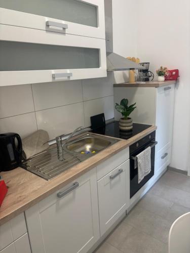 a kitchen with a sink and a stove at Zentrales, neumodernes Apartmentment Püttquartier No 3 in Ibbenbüren