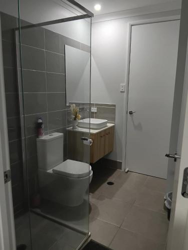a bathroom with a toilet and a sink and a mirror at Serene Home in Bahrs Scrub