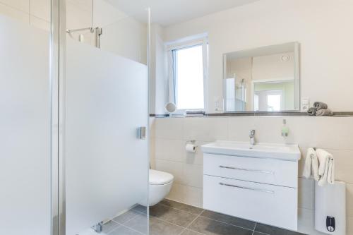 NickenichFerienwohnungen Pellenzblick - Wohnen auf Zeit -的带水槽和马桶的白色浴室