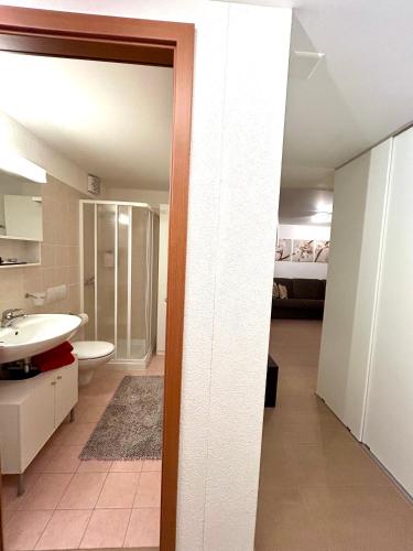 a bathroom with a sink and a toilet and a bed at Leo Loft - Pool, Sauna & Free Parking in San Bernardino