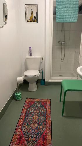 a bathroom with a toilet and a rug at Le Diamant Chambrés in Mauprévoir