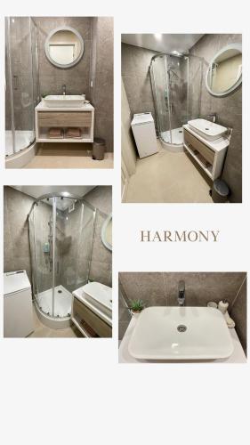 four pictures of a bathroom with a sink and a shower at Harmony in Jelgava