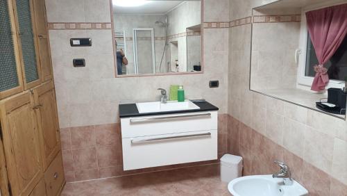 une salle de bain avec un lavabo, des toilettes et un miroir dans l'établissement Il nido, à Ziano di Fiemme