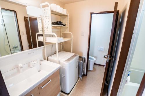 a bathroom with a sink and a toilet and a mirror at 202 Room, a 6-minute walk from Tokyo Koiwa Station Direct connected to Shinjuku and Akihabara Stations Comfortable one-bedroom apartment with separate wet and dry areas in Tokyo