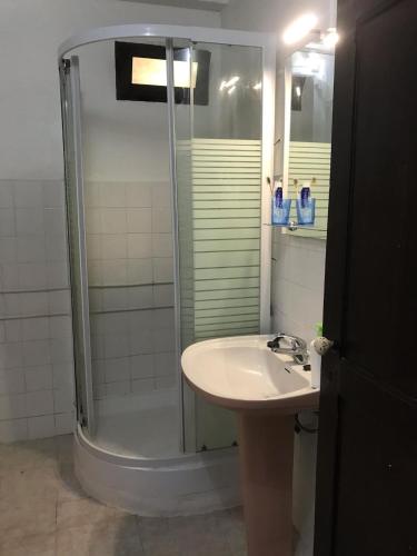 a bathroom with a shower and a sink at Maison traditionnelle à Estremoz in Estremoz