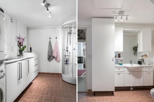 two pictures of a bathroom with a shower and a sink at Beautiful and private with heated pool & hot tub in Ljungbyhed