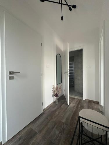 an empty living room with white walls and wooden floors at Relax House Mšené-lázně in Loucká