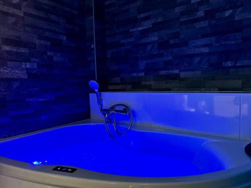 a blue tub in a room with a brick wall at Wellness Suite Ponsardin RDC - Reims Centre in Reims
