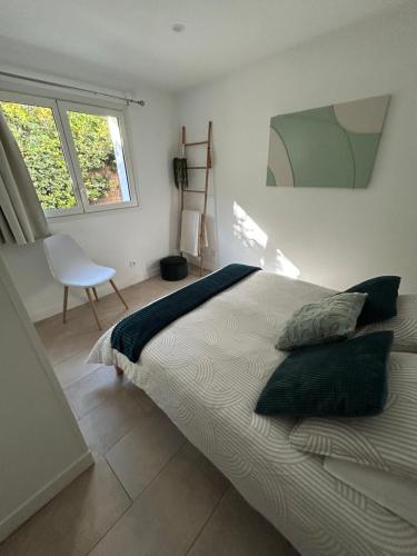 een slaapkamer met een bed, een stoel en een spiegel bij Two rooms with 30 m2 garden in villa in Cagnes-sur-Mer