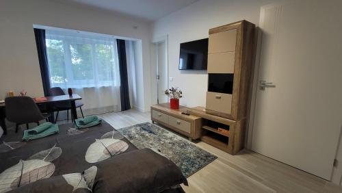 a living room with a television and a couch and a table at Modern Studio Craiova in Craiova