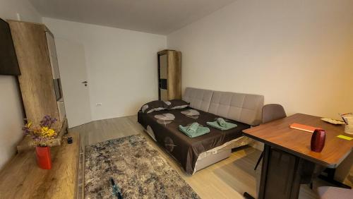 a living room with a bed and a table at Modern Studio Craiova in Craiova