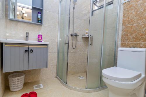 a bathroom with a shower with a toilet and a sink at Luxurious Nairobi Apartment with City and Garden Views in Nairobi