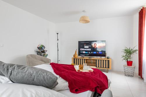 ein Wohnzimmer mit Sofa und Fernseher in der Unterkunft La Rochoise - Parking, Wifi, proche Fontainebleau in La Grande-Paroisse