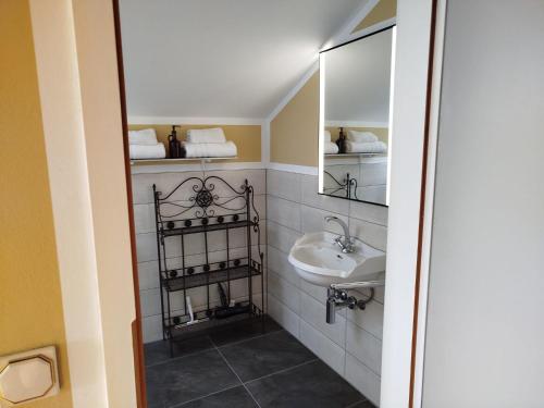 a bathroom with a sink and a mirror at Haus am Aartalsee in Bischoffen
